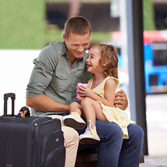 Image showing Father, child and suitcase for travel outdoor or happy laughing together for holiday, vacation or journey. Male person, daughter and luggage or waiting for trip to Hawaii, travellers or connection