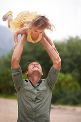 Image showing Father, child and lifting outdoor for play together in nature on holiday vacation for love connection, game or adventure. Male person, daughter and happiness in Australia for bonding, fun or travel