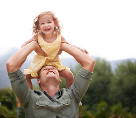 Image showing Father, child and shoulders outdoor for play together in nature on holiday vacation for love connection, lift or adventure. Male person, daughter and happiness in Australia for bonding, fun or travel