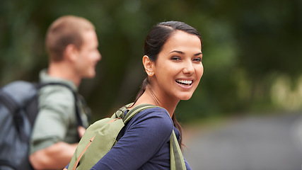 Image showing Couple, backpacking and nature hiking for adventure journey or trekking mountain in forest, travel or together. man, woman and environment in Australia for bonding relationship, fitness or walking