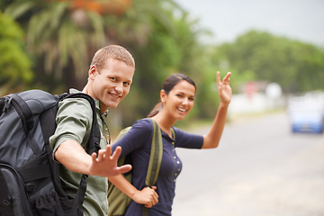 Image showing Couple, portrait and nature backpacking or trekking adventure for forest journey, travel or together. Man, woman and environment in Australia for bonding relationship or hello wave, workout or walk