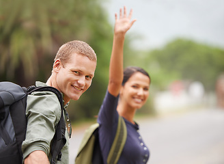 Image showing Man, woman and wave for outdoor hiking or nature backpacking for adventure trekking, journey or travel. Couple, portrait and forest together in environment in Australia or bonding, fitness or walking