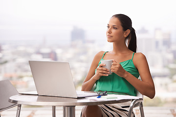 Image showing Woman, outdoor and thinking with coffee and laptop for remote work in trade, business or planning strategy. Entrepreneur, investor and drink espresso on balcony in city with ideas for stocks in notes