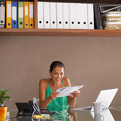 Image showing Business, wow and happy woman in office with documents, success or investment, growth and laptop email news. Financial, achievement and excited female accountant with budget, savings or paperwork win