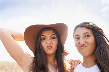 Image showing Women, friends and portrait with funny face outdoor on holiday connection in summer, bonding or together. Female person, travel and humor in Australia or nature vacation as students, goofy or meme