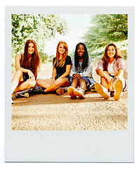 Image showing Women, friend group and portrait outdoor as polaroid picture for bonding connection, sisterhood or together. Female people, face and diversity in environment for relaxing joy, reunion or weekend