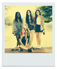Image showing Women, friends and group portrait in nature as polaroid picture for bonding connection, sisterhood or together. Female people, face and diversity in environment for relaxing joy, reunion or weekend