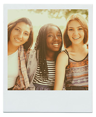 Image showing Women, friends and group portrait with smile as polaroid picture for bonding connection, summer or together. Female people, face and diversity in environment for relaxing joy, vacation or weekend