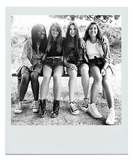 Image showing Women, friends and happy portrait on bench as polaroid picture for bonding connection, summer or together. Female people, face and outdoor in environment for relaxing holiday, vacation or weekend