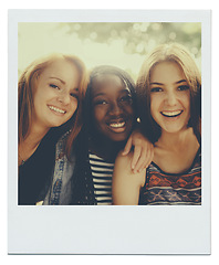 Image showing Women, friends and happy portrait in nature as polaroid picture for bonding connection, summer or together. Female people, face and diversity in environment for relaxing holiday, vacation or weekend