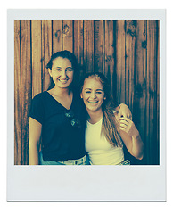 Image showing Women, friends and portrait with smile in environment for relaxing holiday in countryside, together or embrace. Female people, face and happiness in Australia as polaroid picture, memory or nature