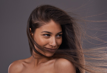 Image showing Woman, hair and salon for wind and style with heat and blow with keratin treatment and wash. Model, smile and glossy for healthy strand with shampoo for smooth and silk for volume or long on mockup