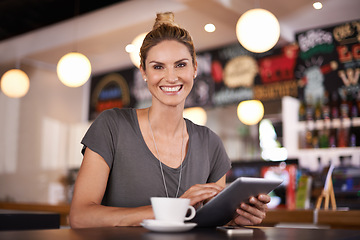 Image showing Business woman, portrait and tablet in coffee shop with smile, pride or confidence on app at lunch. Person, freelancer and happy at cafe on digital touchscreen for remote work, contact and networking