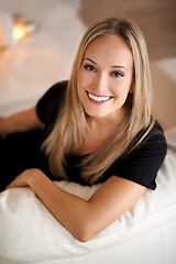 Image showing Portrait, happy woman and peace on couch in living room, wellness and relax on break in home. Face, positive and blonde lady with rest on sofa, mindfulness and satisfaction on weekend in apartment