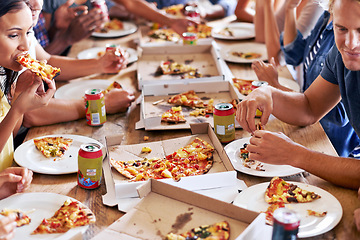 Image showing Group, friends and party with pizza, eating and diversity for joy or fun with youth. Men, women and fast food with drink, social gathering and snack for lunch or celebration at italian pizzeria
