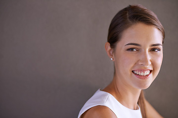 Image showing Portrait, woman and mockup space in studio professional and confident person by brown background. French female, designer and pride on face for career growth and positive attitude in creative job