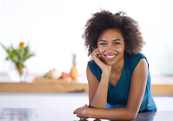 Image showing Portrait, smile and afro with black woman in kitchen of home as real estate agent for house viewing. Realtor, morning and curly hair with happy young broker in modern apartment for staging showcase