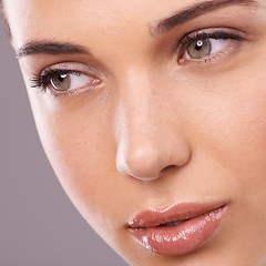 Image showing Closeup, woman and makeup for thinking, beauty and planning of facial, health and skincare in studio. Female person, glow and idea of cosmetology, flawless skin and dermatology as vision of self care