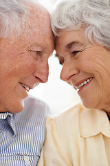 Image showing Couple, senior and forehead touch for care, home and relax together for bonding and smile. Elderly people, love and affection in marriage or relationship in retirement, closeup and security in house