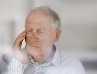 Image showing Old man, pain and headache stress in retirement with burnout fatigue for migraine pressure, worry or mental health. Elderly, person and hand for temple distress with anxiety, frustrated or unhappy