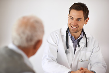 Image showing Elderly, man and doctor consultation or healthcare discussion in retirement or life insurance, hospital or cardiology. Male person, back and advice or diagnosis good news, rehabilitation or treatment