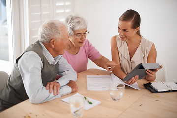 Image showing Finance, senior couple and tablet for insurance or discussion, consult and accountant for paperwork. Woman, elderly people and plan for retirement on app, asset management and meeting on investment