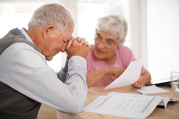 Image showing Old couple, stress and document for insurance in home for retirement planning for financial budget, problem or investment. Elderly man, woman and unhappy with paperwork for saving, debt or crisis