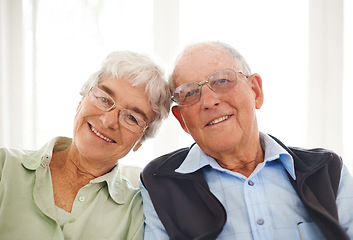 Image showing Old couple, portrait and smile in home in retirement for bonding connection for weekend, holiday or love. Senior Man, woman and face with glasses in apartment for marriage commitment, caring or rest