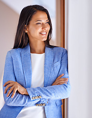 Image showing Confidence, smile and business woman in office, workspace and agency thinking in corporate career. Mexican female person, employee and lawyer at law firm and professional for vision at work in Rome