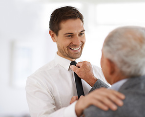 Image showing Old person, man and help with tie for wedding event with happiness for retirement bonding, smiling or parent. Elderly adult, son and comfort on special day for family connection, pride or confidence