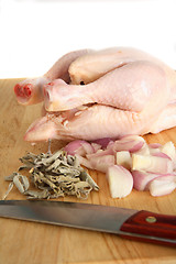 Image showing Chicken with sage, onion and knife