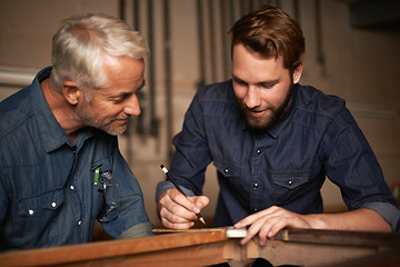 Image showing Man, coach and smile with wood, workshop and family business or apprenticeship. Mature father, son and creative with artisan, carpentry and together for startup and mentor or learning with happiness