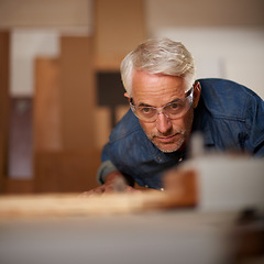 Image showing Male carpenter, thinking and planning in workshop, safety and glasses in small business. Design, woodwork and production lumber or timber, contractor and materials or tools for furniture building