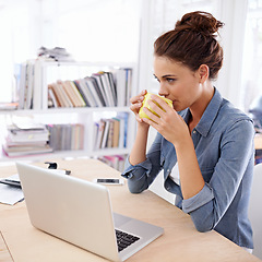 Image showing Woman, coffee and laptop freelance thinking, home and creative with digital technology or web development. Communication and networking for social media, internet or design idea for remote work