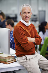 Image showing Portrait, manager and business man in office with arms crossed for confidence, startup and entrepreneur. CEO, smile and face of person for team building, collaboration and brainstorming in workplace
