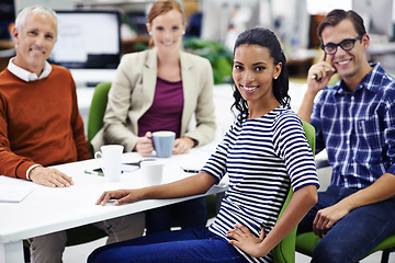 Image showing Diverse group, coworker and happy with coffee break for teamwork, planning and project with ideas as in office. Business meeting, collaboration and people with smile as copywriter and satisfied