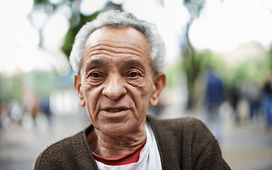 Image showing Face, senior man and serious in outdoor for travel, retired and confident in street of Mexico. Portrait, male person and wellness to relax with wellbeing for healthy mind, positivity and leisure