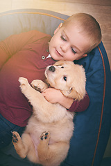 Image showing Child, dog and hug with home, floor and pet with love and care at house. Kid, puppy and golden retriever or sleepy labrador with embrace, bonding and together with high angle of animals or pets
