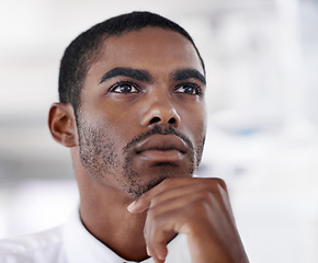 Image showing Business, thinking and black man with ideas, financial consultant and professional in a workplace. African person, employee and agent with planning and problem solving with solution and opportunity