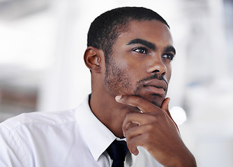 Image showing Businessman, thinking and ideas for new opportunity, startup and professional in formal clothes. Black man, corporate and planning or thoughts in office environment, vision and salesman in workplace