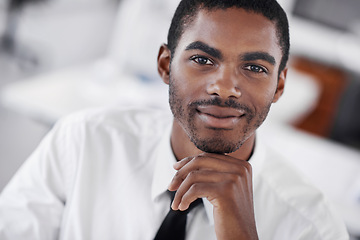 Image showing Black man, portrait and decision for business ideas, startup and professional in formal clothes or outfit. Businessman, corporate and working in office thoughts or planning and salesman in workplace