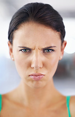 Image showing Portrait, frown and angry with woman, mad and emotions with expression and stress with pout lips. Face, person and girl with reaction and defensive body language with feedback, mistake and frustrated