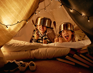 Image showing Tent, lights and children at night in bedroom for playing, fun and bonding together at home. Friends, youth and happy kids with spoon, helmet pots and blanket fort for games, imagination or childhood