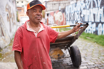 Image showing Man, portrait and cart for rubbish in street for smile, walk and collect trash for recycling for ecology. Person, rickshaw or barrow for sustainability, environment and garbage on road in Sao Paulo