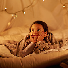 Image showing Thinking, happy and girl in a bedroom fort in a house for holiday, games or staycation fun. Face, smile and dreaming kid in diy tent for playing, resting or enjoy weekend with camping fantasy at home