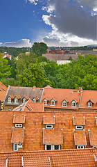 Image showing Rooftop, Europe and location for outdoor, historical and forest in travel with historic architecture. Germany, villa and windows for outside, real estate and tourist attraction in urban background