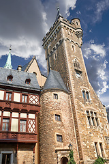 Image showing Architecture, artistic and historic building of temple, castle or arcade in outdoor environment. Germany, traditional museum and design walls in landscape clouds, blue sky and rocks or marble