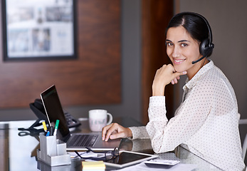 Image showing Business, woman and portrait with headset in office for consulting for customer service or assistance with crm. Female operator, agent and representative with microphone for telecommunication career.