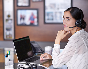 Image showing Businesswoman, phone call and headset with laptop, virtual assistant and online in corporate office. Technology, computer and thinking for financial advisor, employee and communication with client