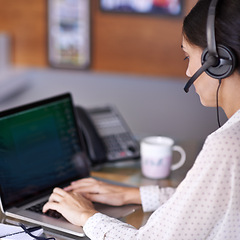 Image showing Businesswomen, headset and phone call in office, virtual assistant and laptop for worker. Technology, computer or landline for female financial manager, online and keyboard working on client budget